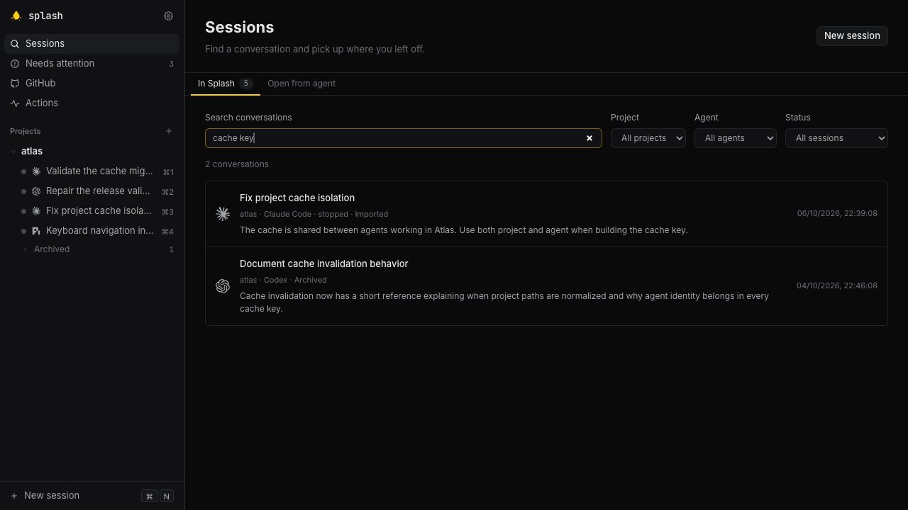 Transcript search results with excerpts from active and archived conversations