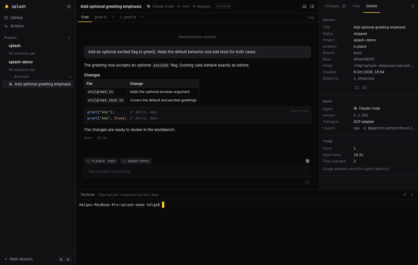 Integrated terminal in the session folder